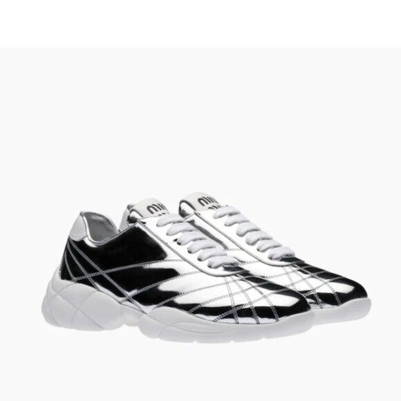 NWT Miu Miu Low Top Sneakers Metallic Silver Chunky Rubber Sole Stitching - Picture 1 of 11
